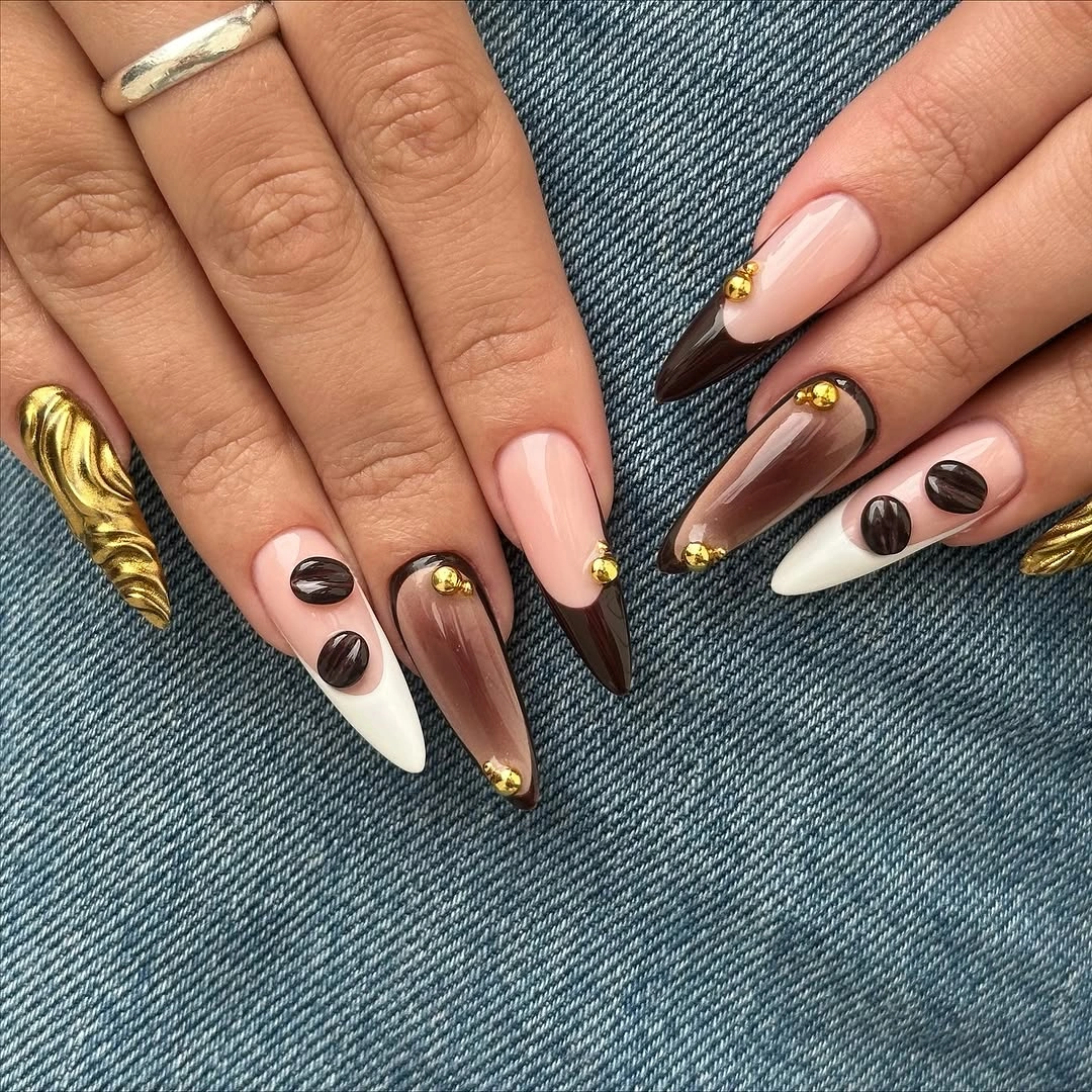 fall almond nails 2026 Mocha French Almond Nails With Gold Details