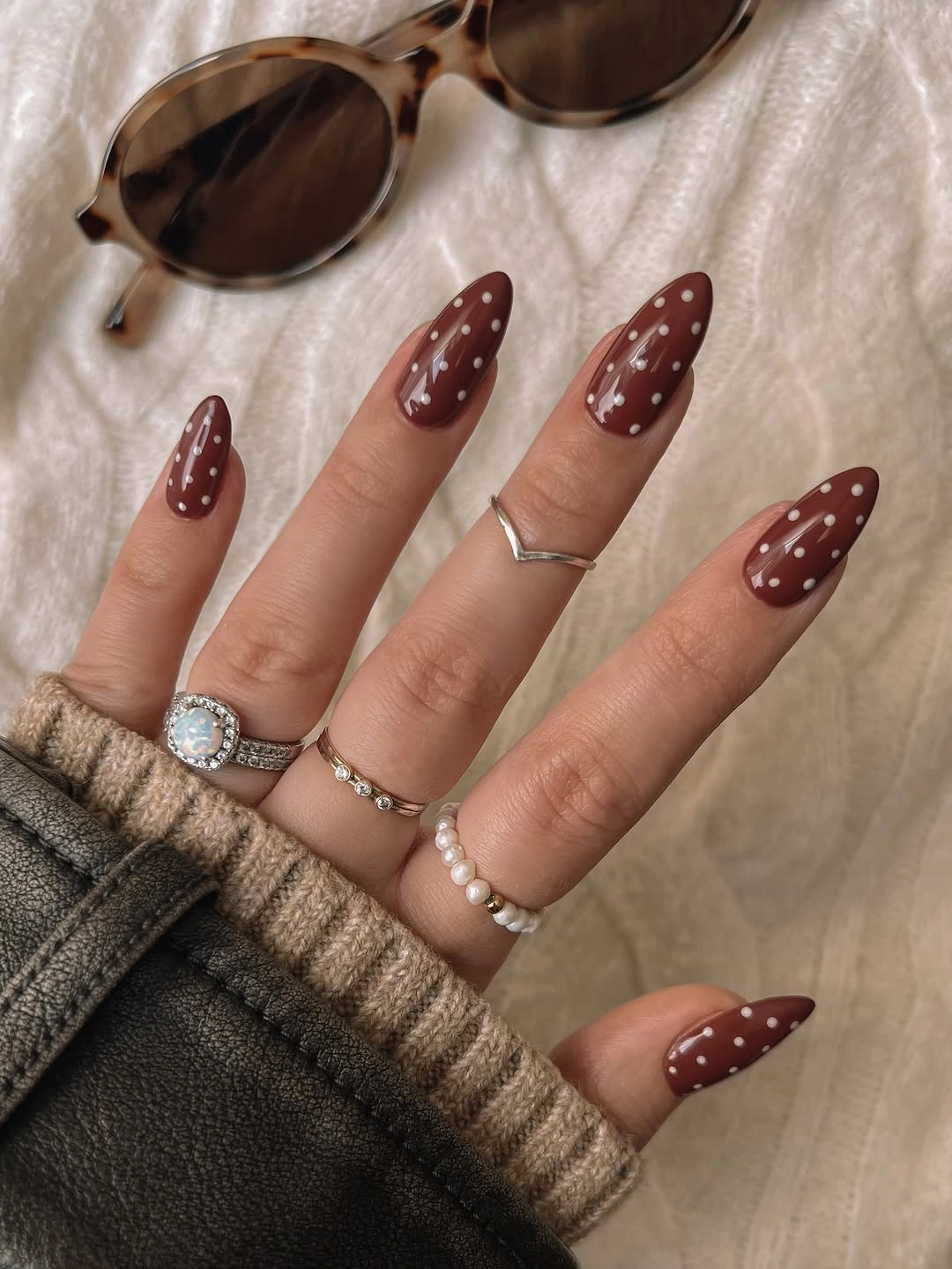fall almond nails 2026 Chocolate Polka Dot Almond Nails