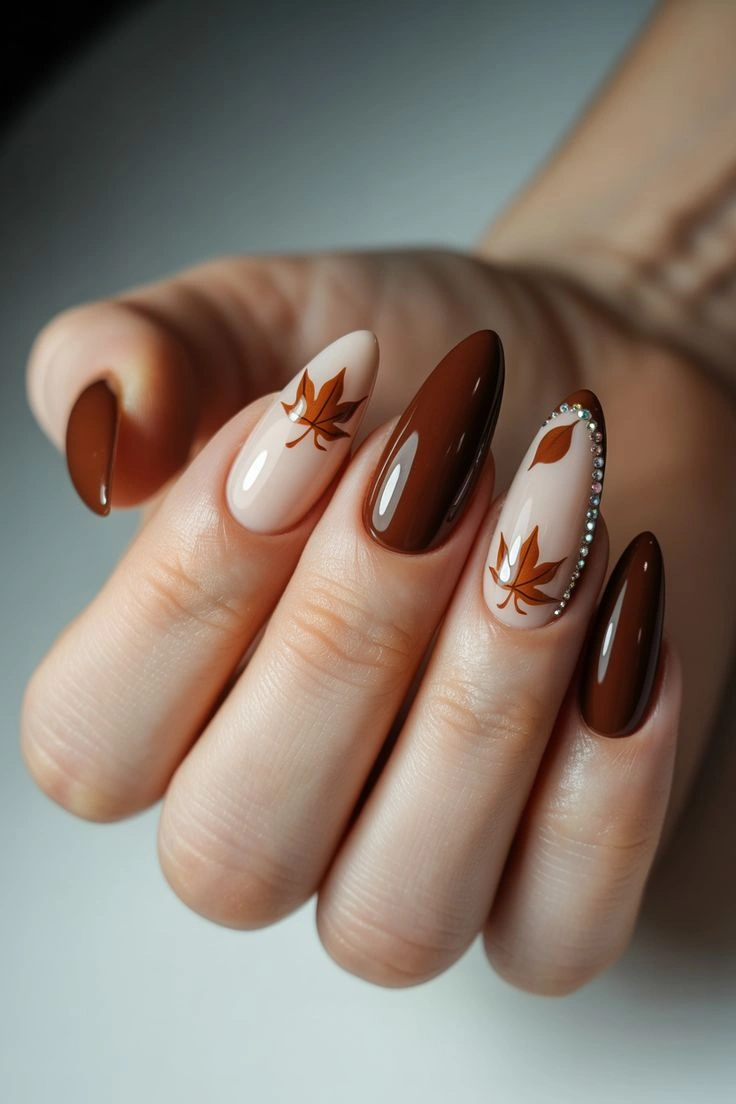 fall almond nails 2026 Brown Maple Leaf Almond Nails