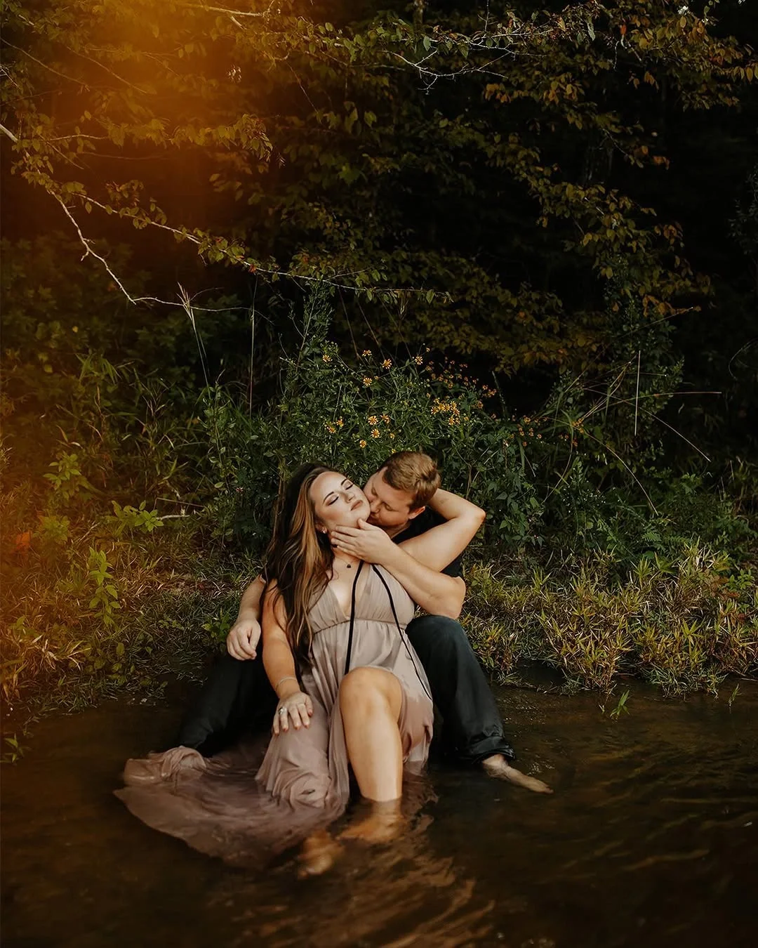 fall engagement photo outfits 2026 Flowing Neutral Dresses For A Romantic Creek Session