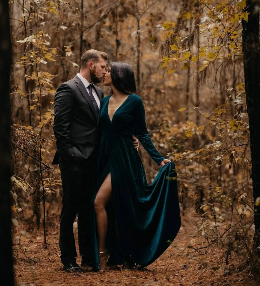 fall engagement photo outfits 2026 Forest Glamour In Deep Emerald