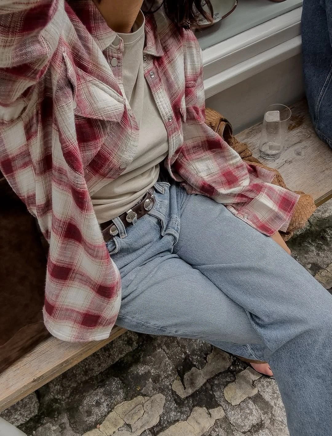 fall flannel shirt outfit women 2026 Soft Red White Plaid With Light Denim