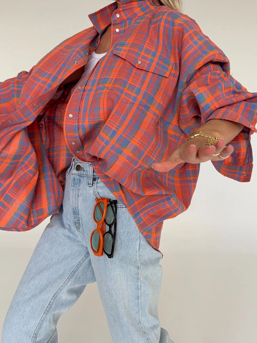 fall flannel shirt outfit women 2026 Bold Red Plaid That Brightens Fall Days