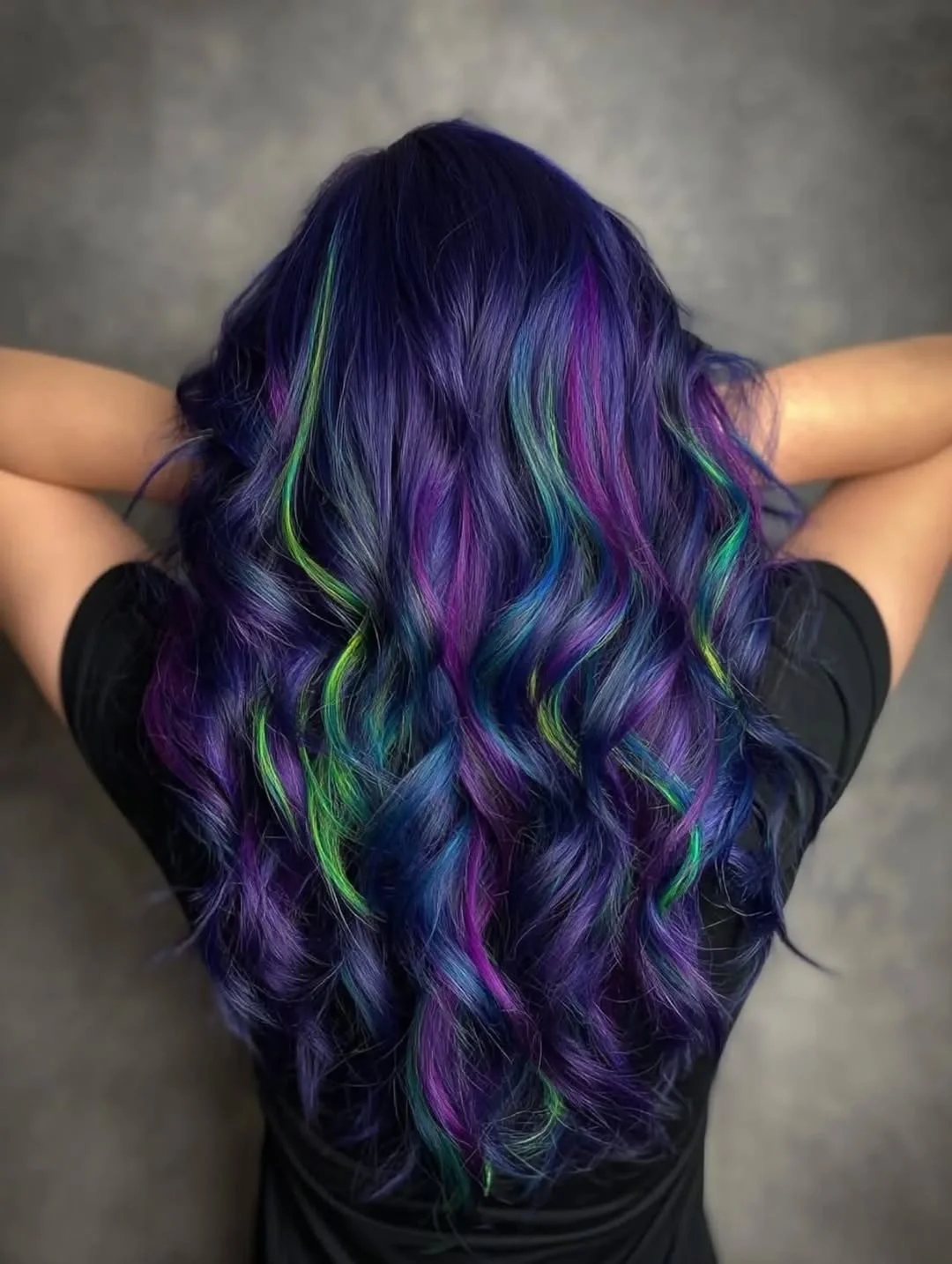 fall hair colour ideas 2026 Midnight Violet Waves With Electric Jewel Highlights