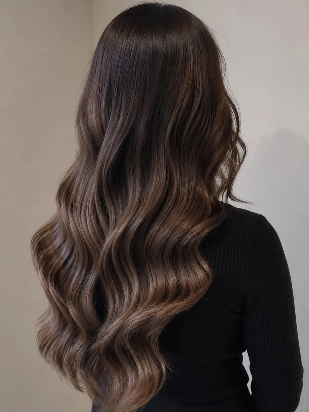 fall hair colour ideas 2026 Glossy Mocha Waves With Seamless Brunette Dimension