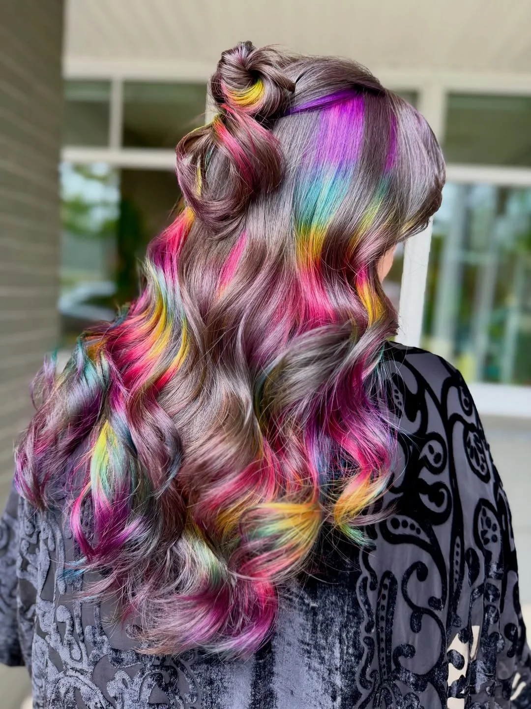 fall hair colour ideas 2026 Hidden Rainbow Ribbons On Smoky Brunette Waves