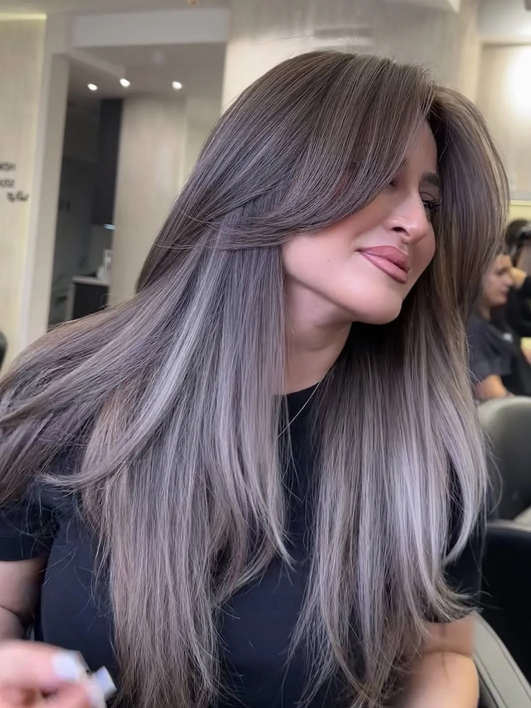 fall hair colour ideas 2026 Silver Mushroom Balayage With Long Layers