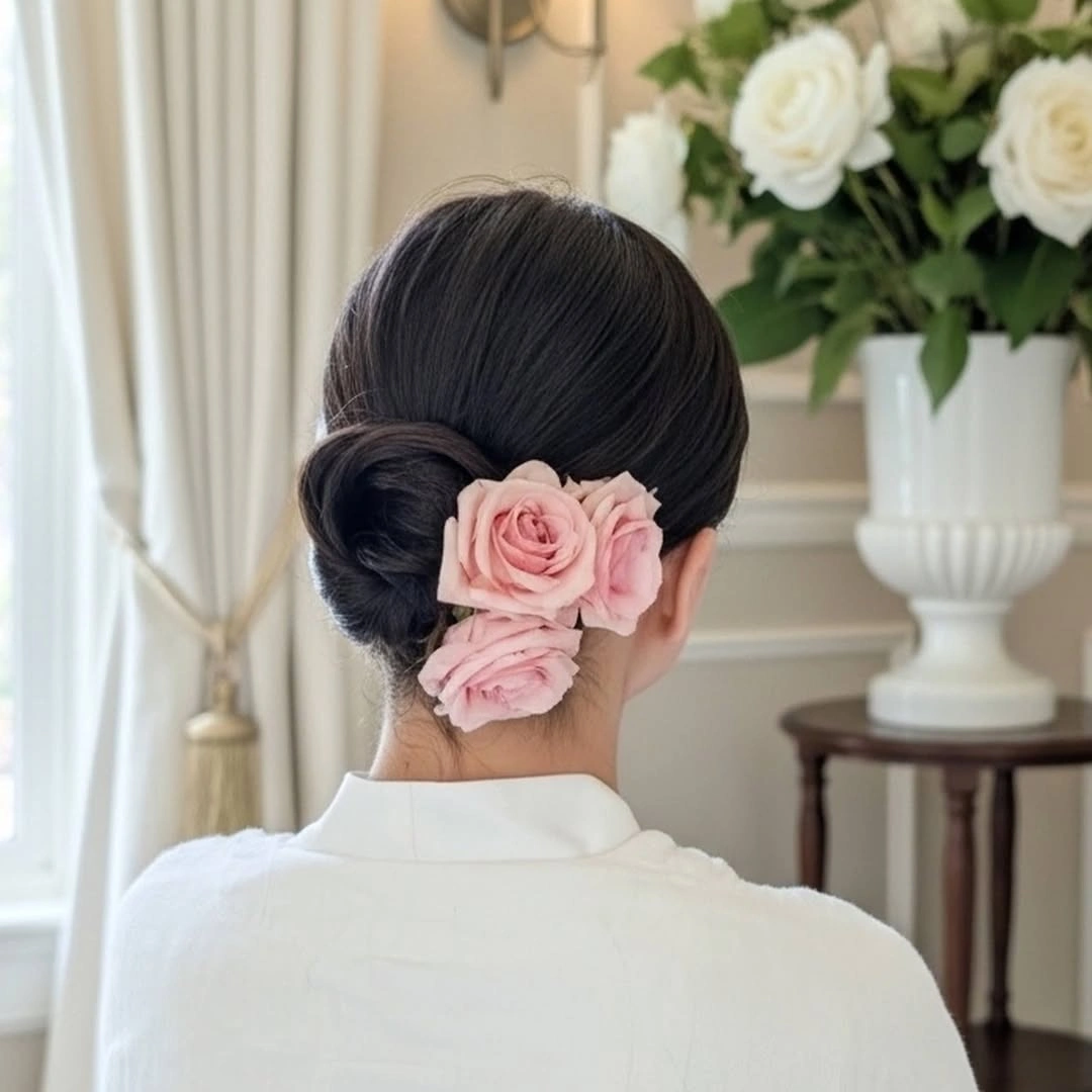 fall hairstyles for wedding guests 2026 Classic Low Bun With Fresh Floral Details