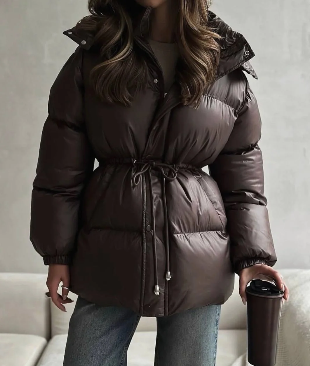 fall jackets outfit 2026 A Belted Chocolate Puffer That Defines the Waist