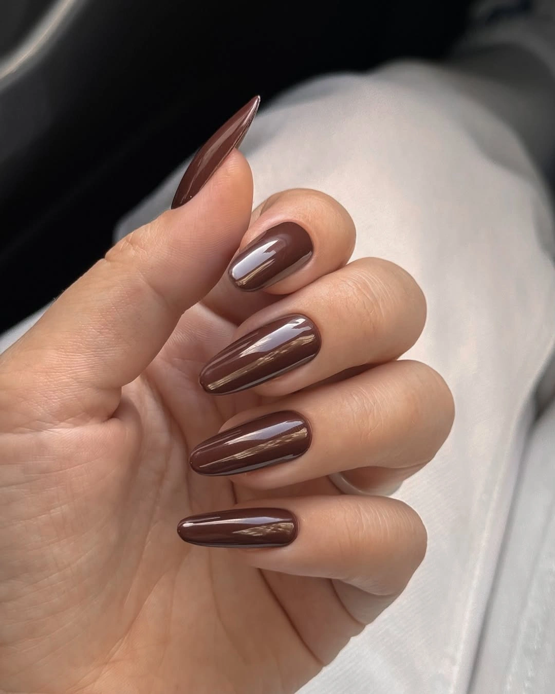 fall manicure 2026 Glossy Espresso Almond Nails That Never Go Out of Style