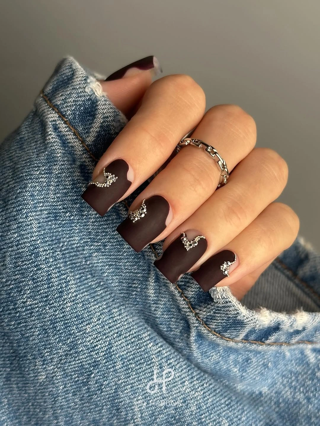 fall manicure 2026 Chocolate Velvet French With Crystal Accents