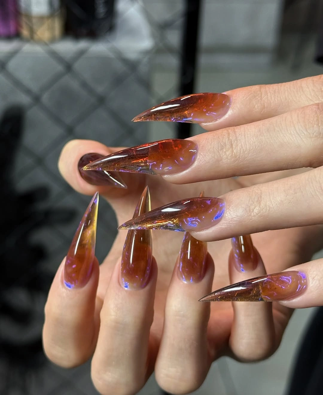 fall manicure 2026 Amber Glass Stiletto Nails
