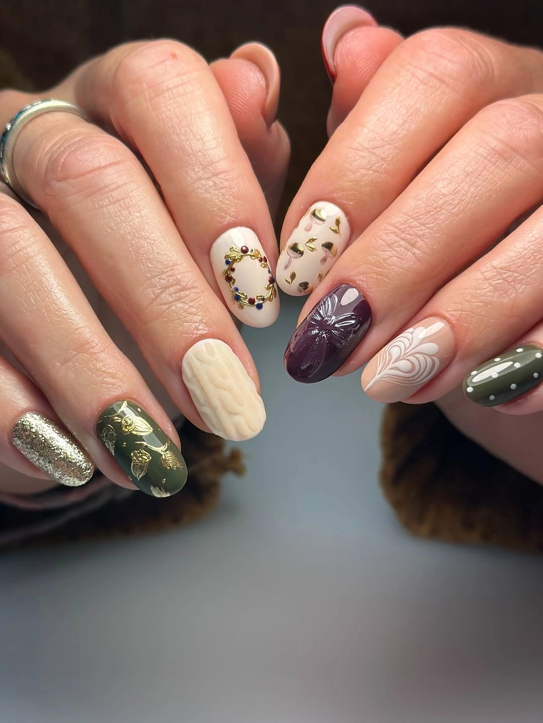 fall medium nail ideas 2026 Cozy Forest Textures With Luxe Gold Details