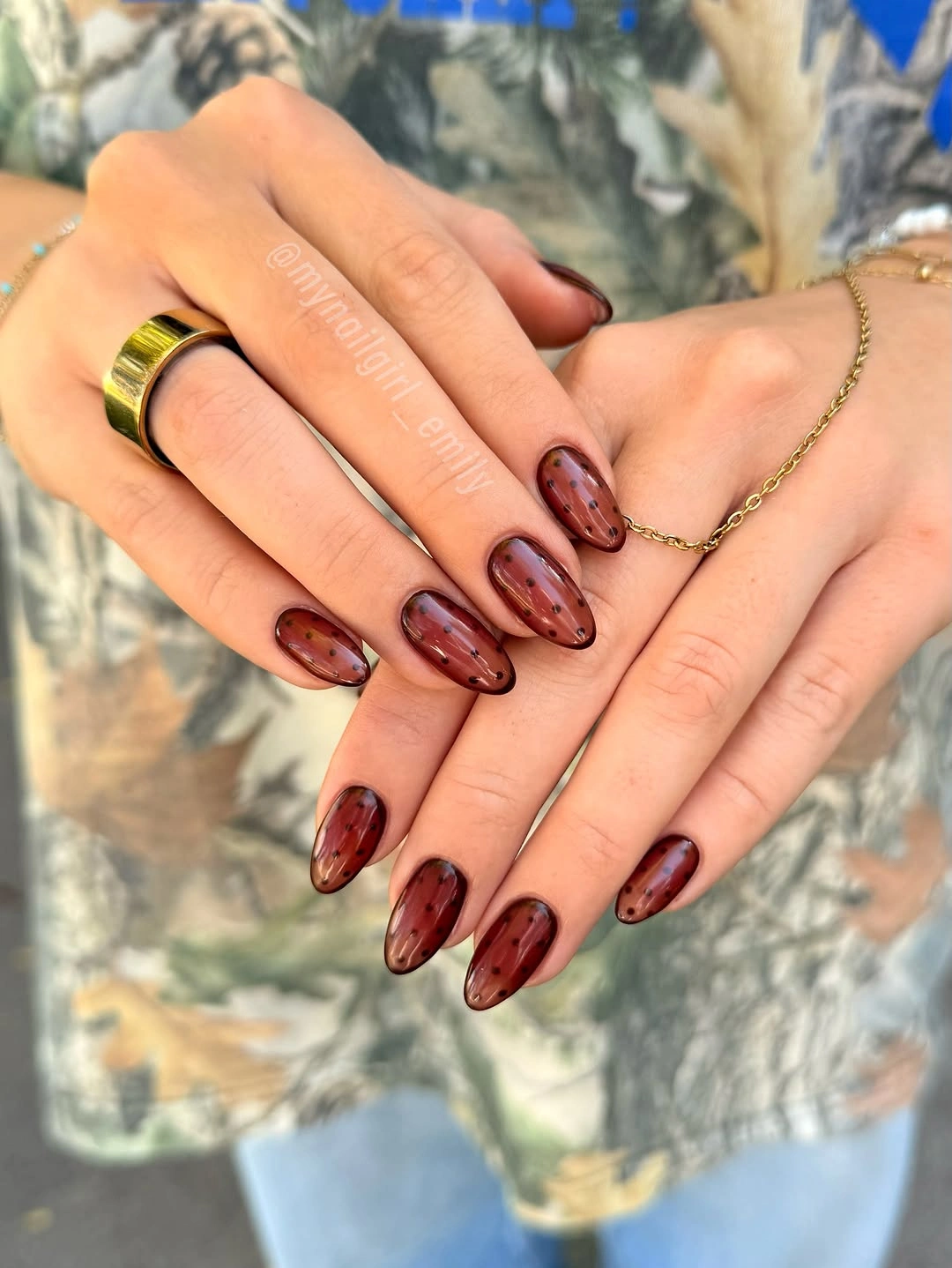 fall medium nail ideas 2026 Sheer Espresso Jelly With Minimal Polka Dots
