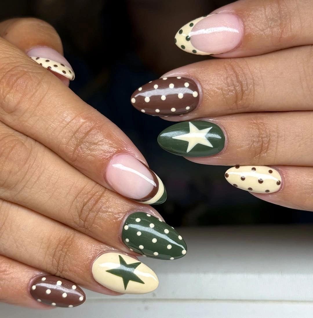 fall medium nail ideas 2026 Playful Olive Stars And Retro Polka Dots