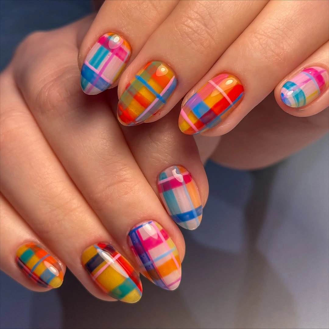 fall medium nail ideas 2026 Bright Plaid With Playful Autumn Energy