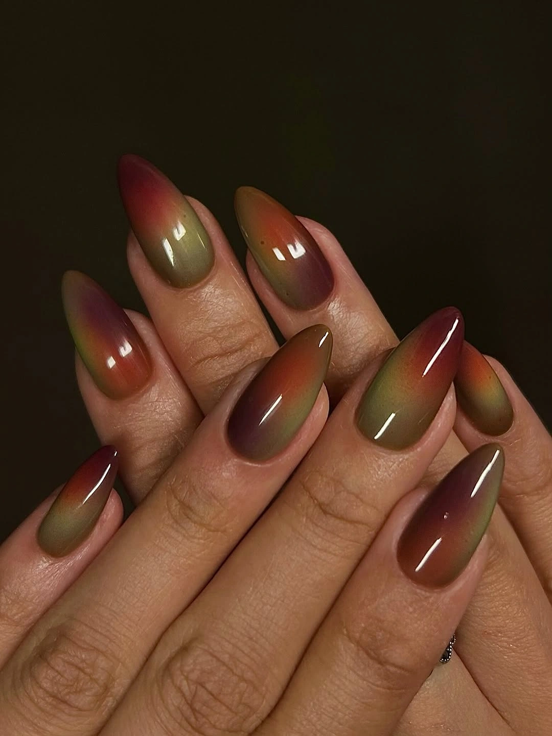fall medium nail ideas 2026 Smoky Olive and Burgundy Aura Nails