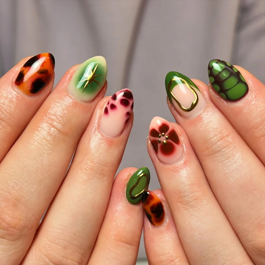 fall medium nail ideas 2026 Eclectic Olive and Tortoiseshell Nail Designs