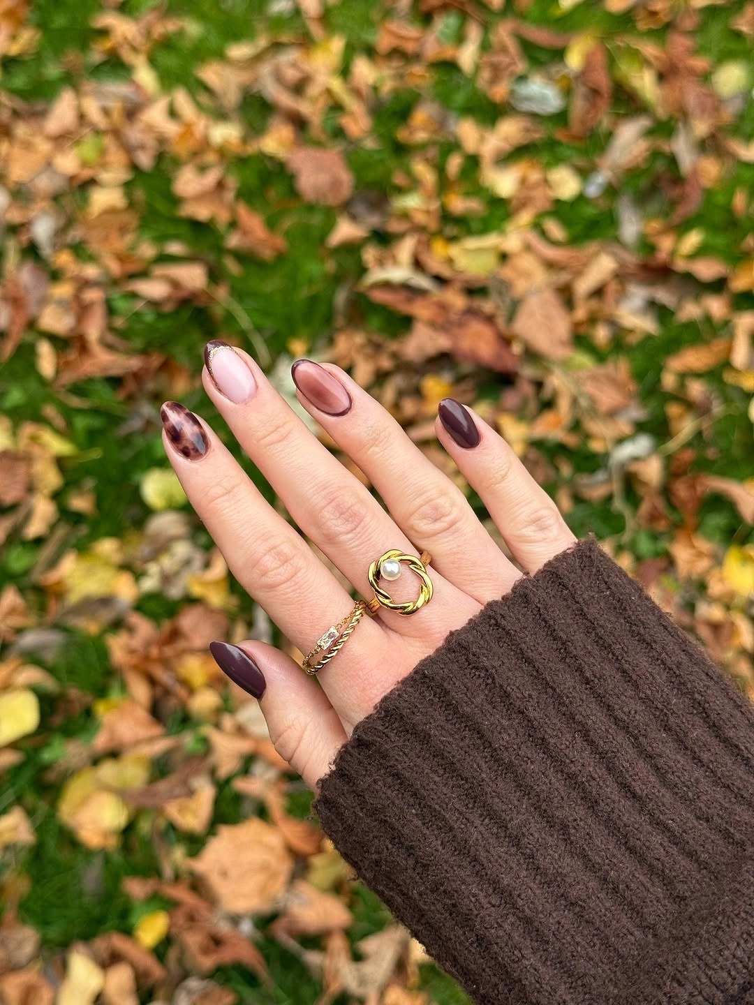 fall medium nail ideas 2026 Glossy Espresso Nails with Tortoiseshell Accents