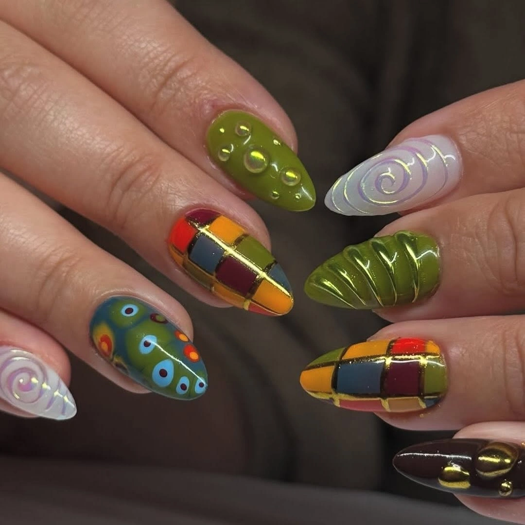 fall medium nail ideas 2026 Artistic Olive Patchwork Nails