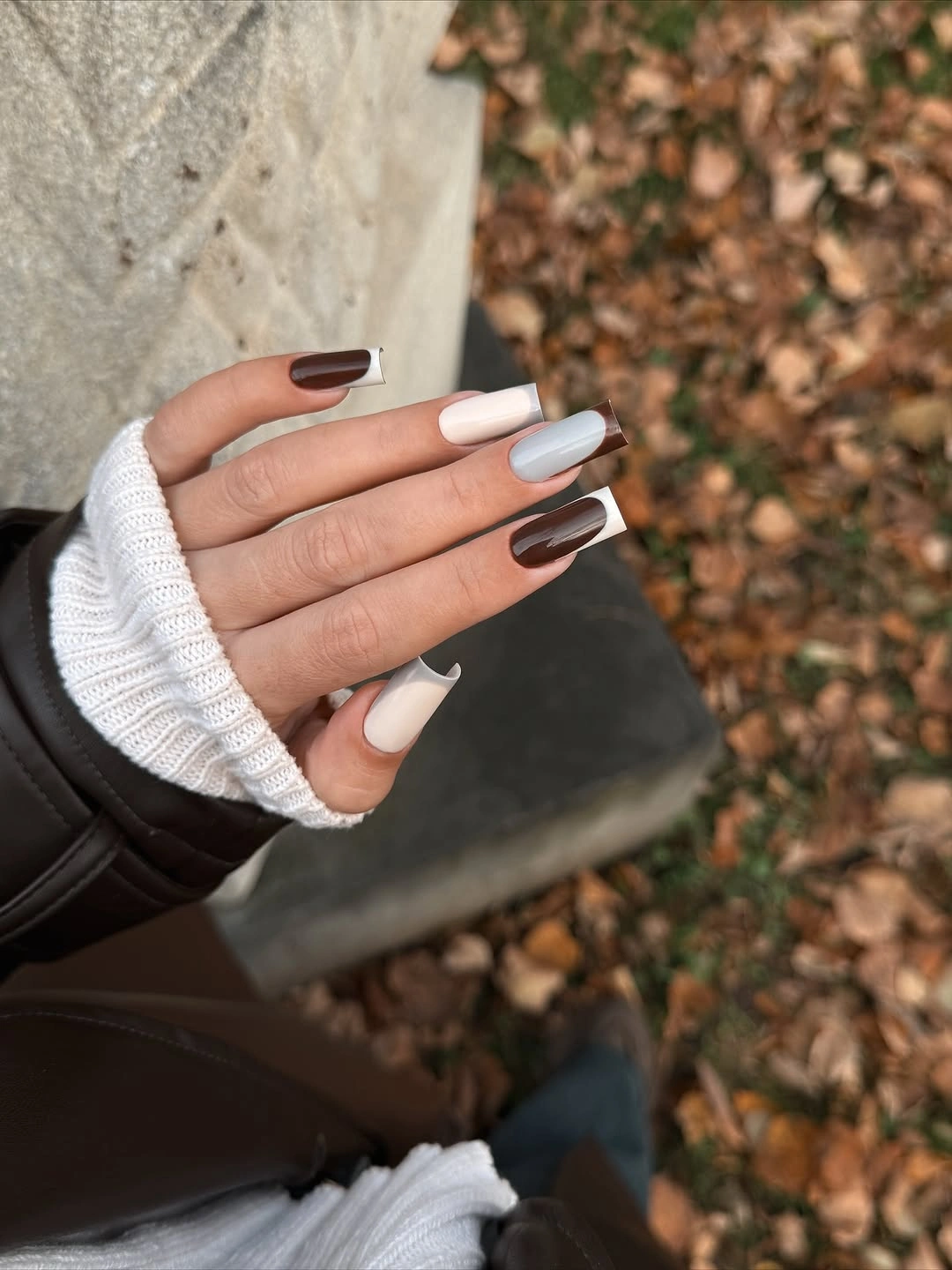 fall nail art 2026 Modern Color Block Square Nails in Cozy Autumn Neutrals