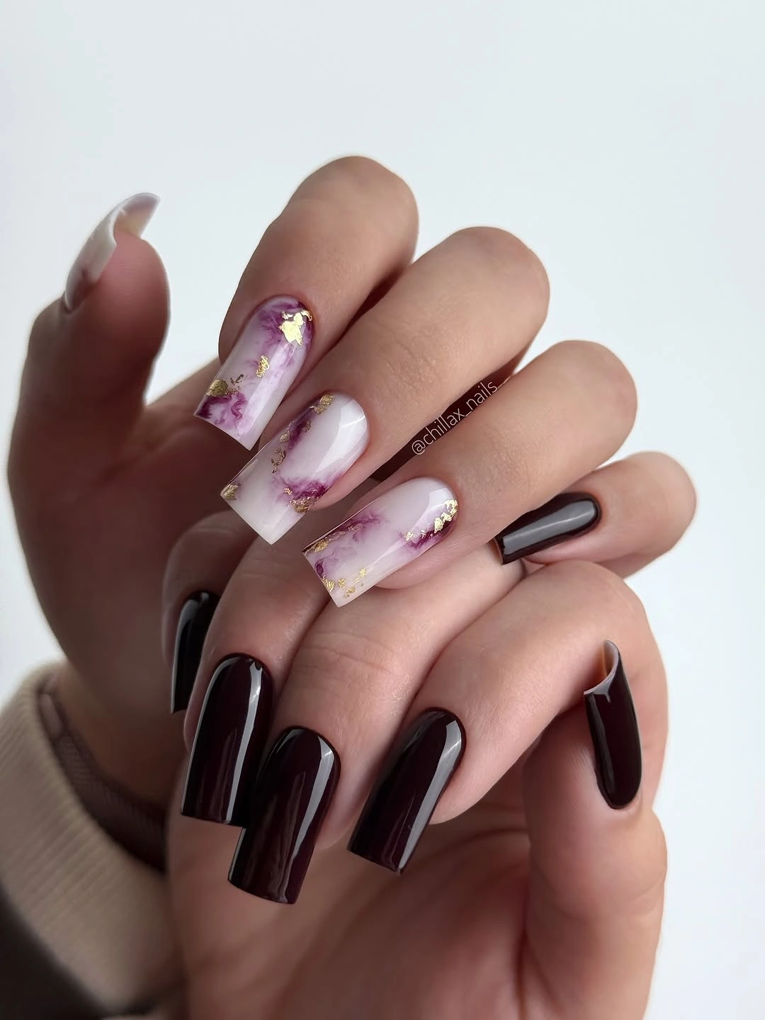 fall nail art 2026 Deep Espresso Nails With Delicate Marble Accents