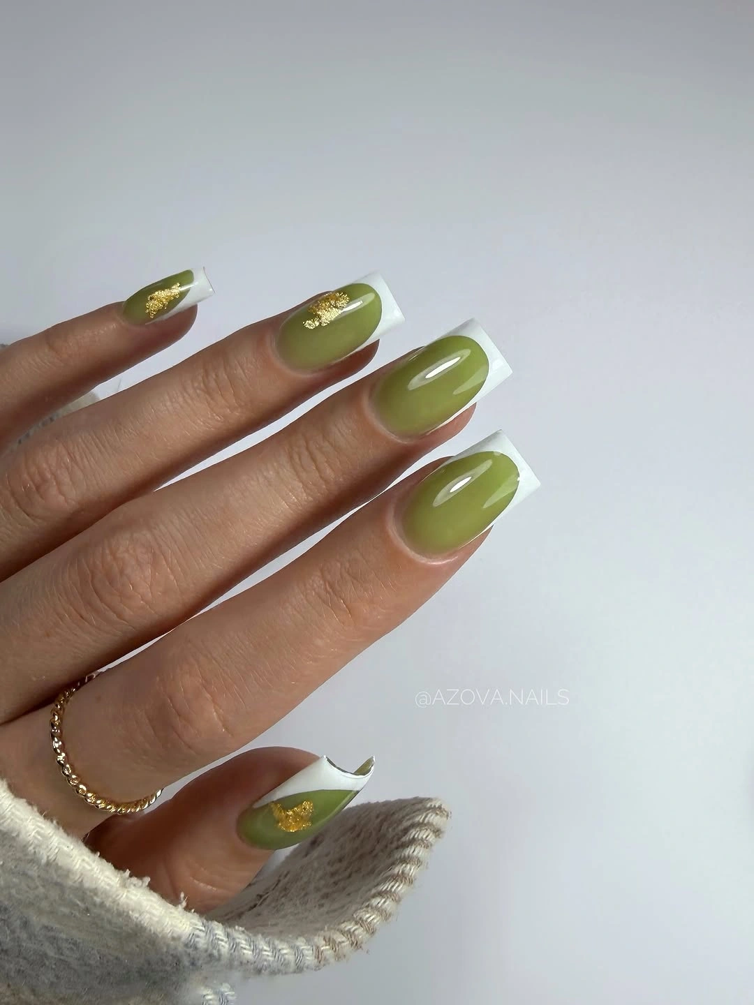 fall nail art 2026 Olive Green French Nails With Golden Accents