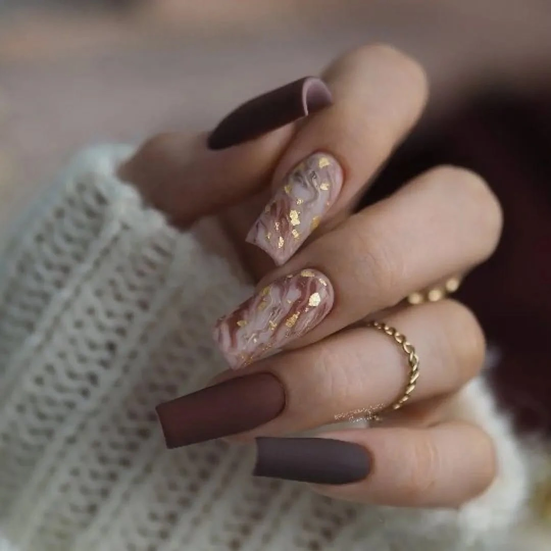 fall nail art 2026 Matte Brown Nails With Marble Glitter Details