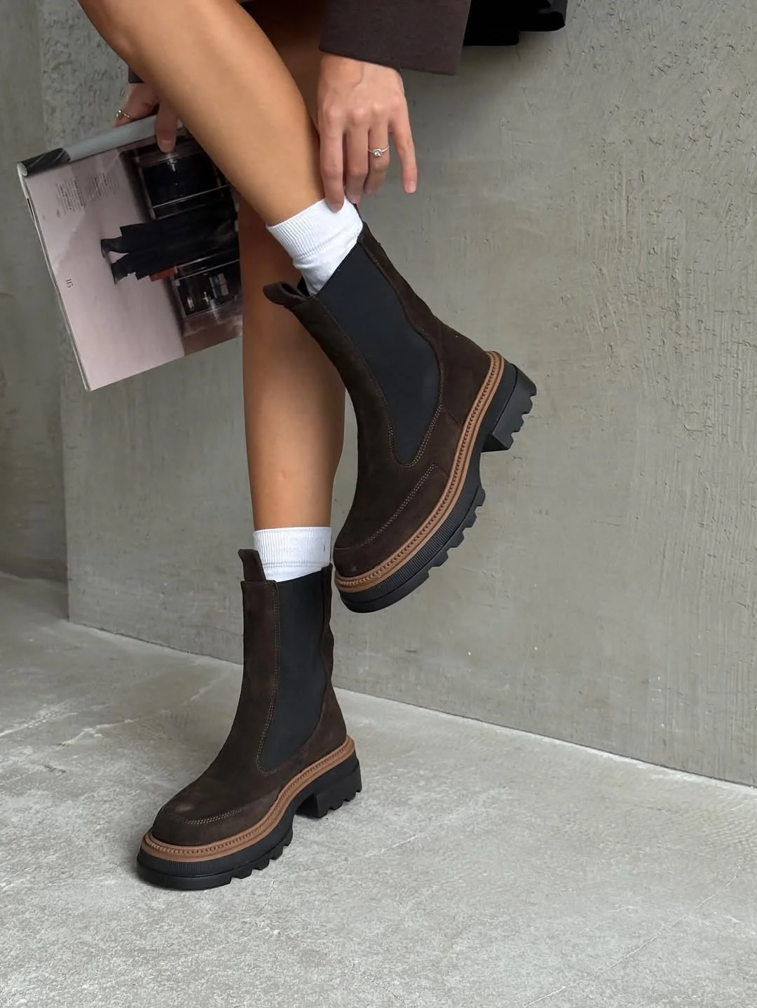 fall outfits with chelsea boots 2026 Modern Lug Sole Boots In Deep Brown Suede