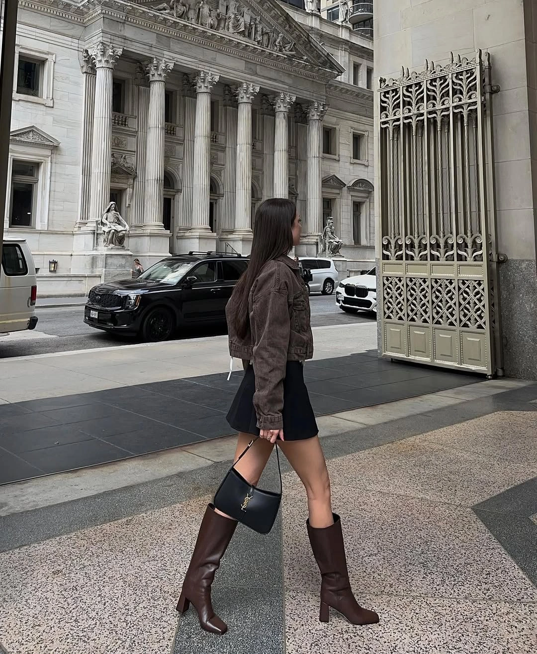 fall outfits with heeled boots 2026 Denim Jacket And Dark Brown Boots