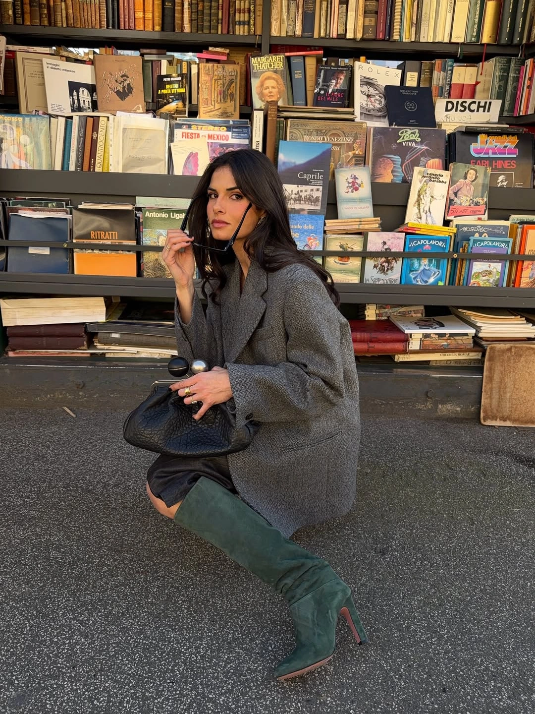fall outfits with heeled boots 2026 Tailored Gray Blazer With Deep Green Boots