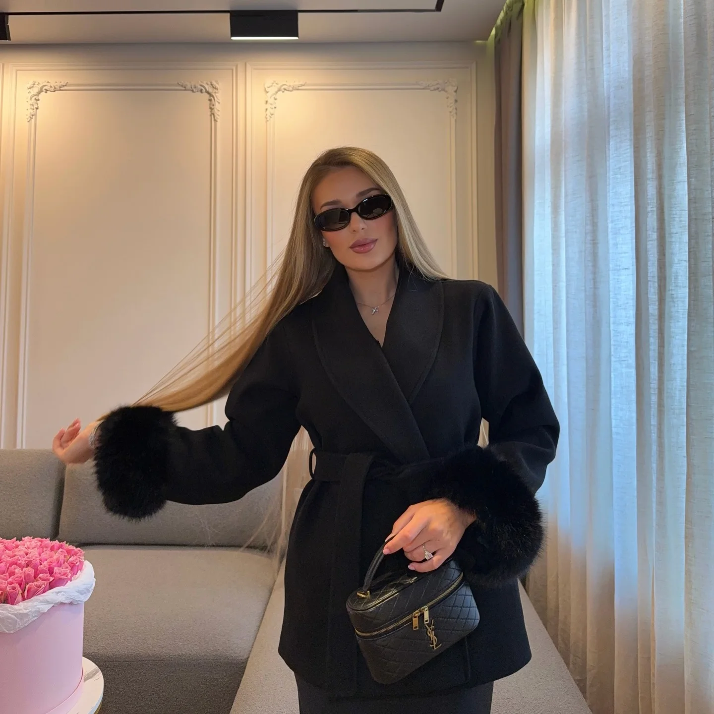 fall outfits with peacoat 2026 Classic Black Peacoat with Luxe Faux Fur Details