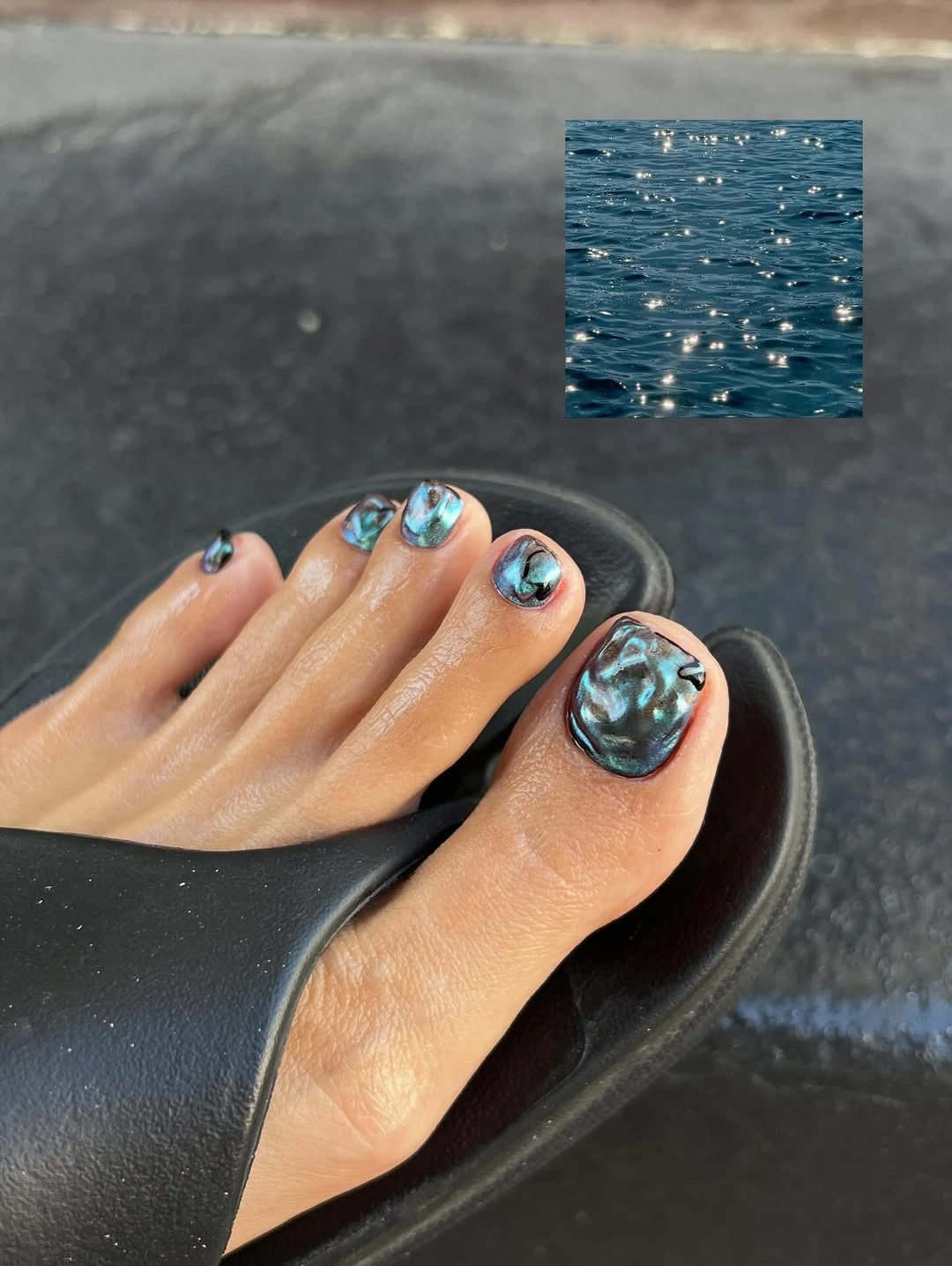 fall pedicure ideas 2026 Ocean Chrome With a Moody Autumn Twist