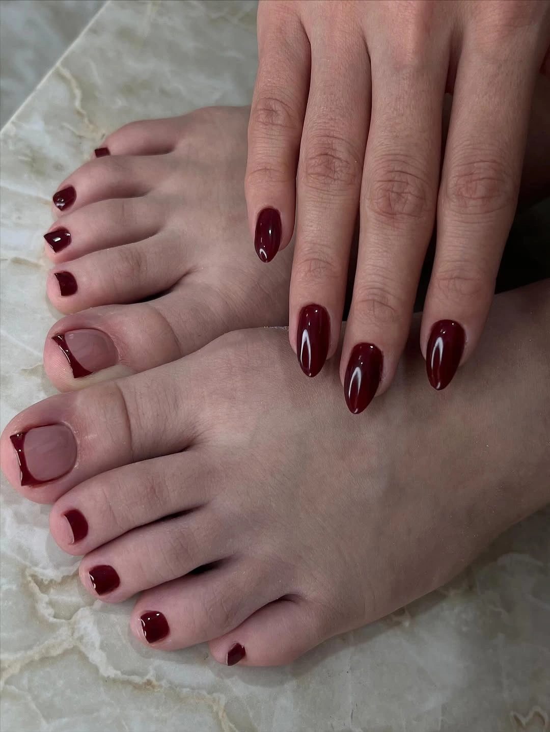 fall pedicure ideas 2026 Burgundy French Tips With Matching Nails