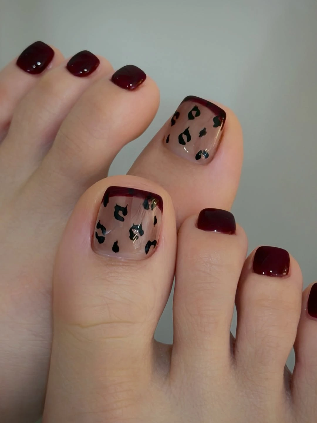 fall pedicure ideas 2026 Wine Red Leopard Accent