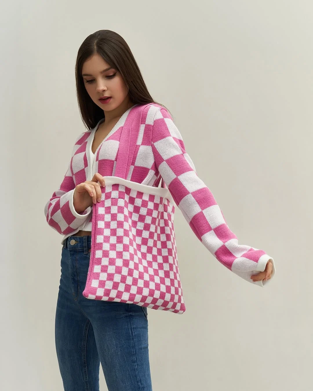fall plaid outfits for women 2026 Playful Pink Plaid Knit For Casual Days