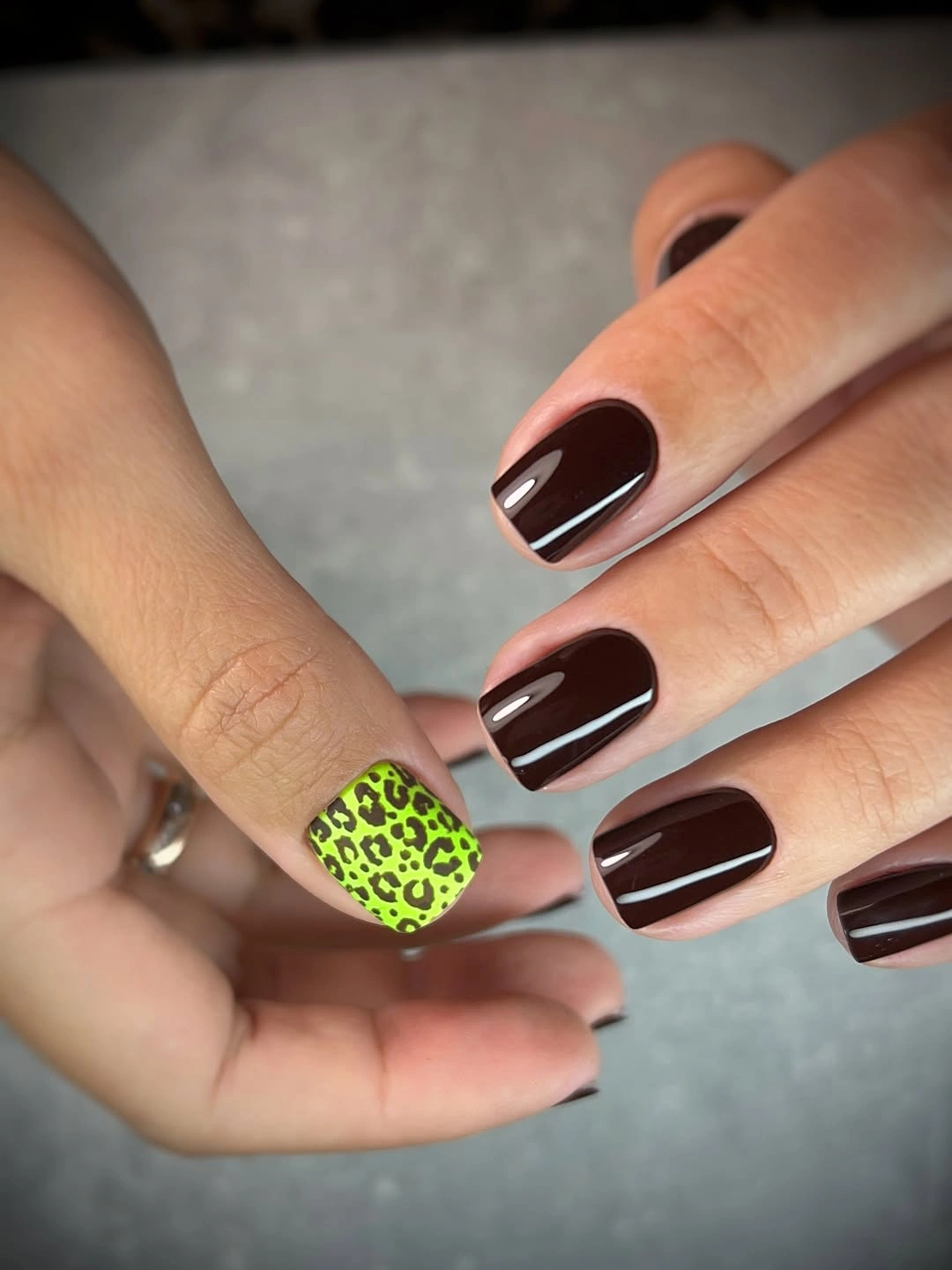 fall short nails 2026 Chocolate Brown with a Neon Leopard Accent