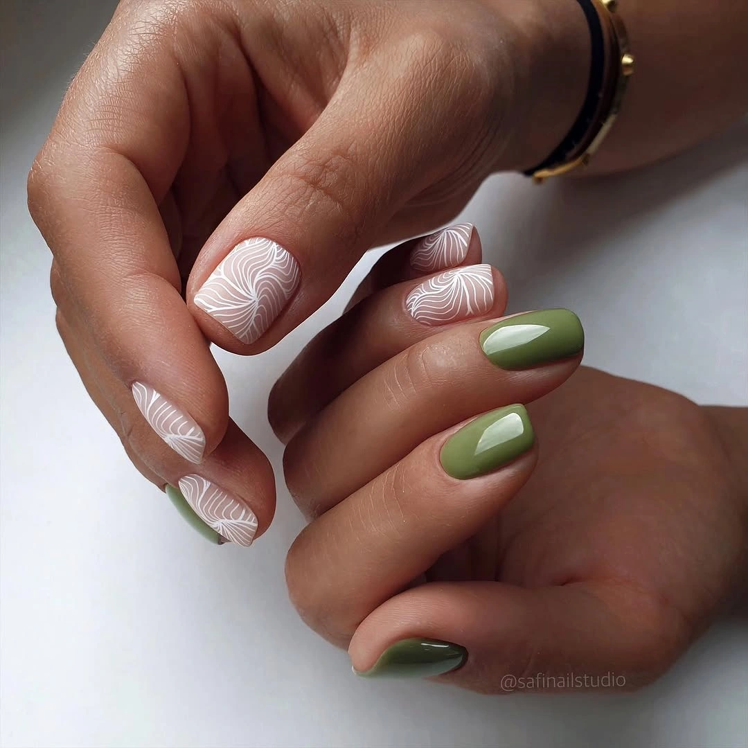fall short nails 2026 Olive Green and Delicate White Botanical Art