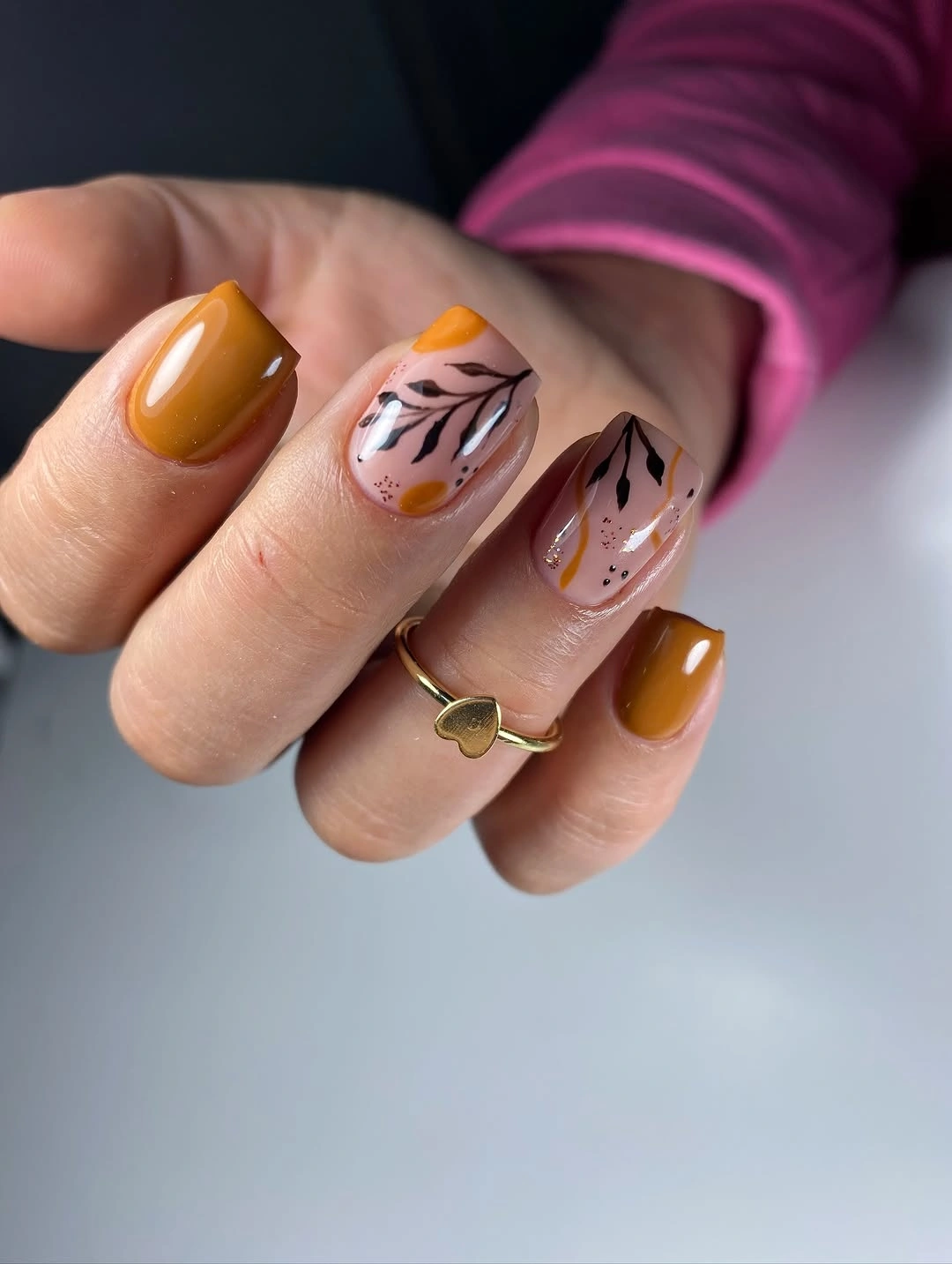 fall short nails 2026 Mustard Botanical Nail Art