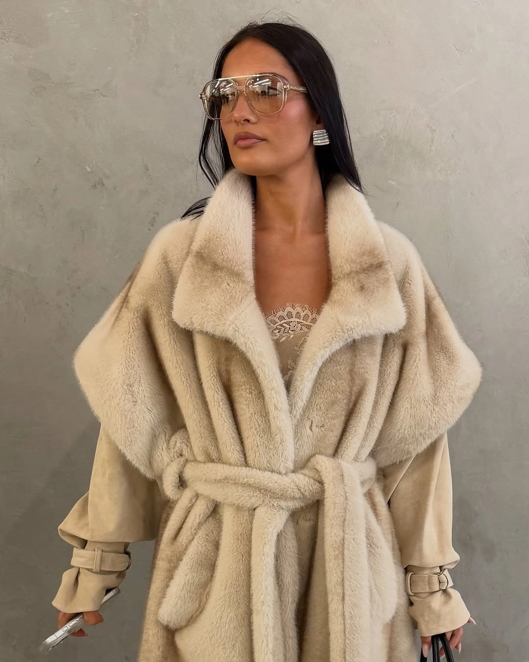 Faux Fur Jacket Outfit Ideas Every Woman Will Want To Wear This Winter 19 faux fur jacket Soft Beige Elegance With A Belted Finish