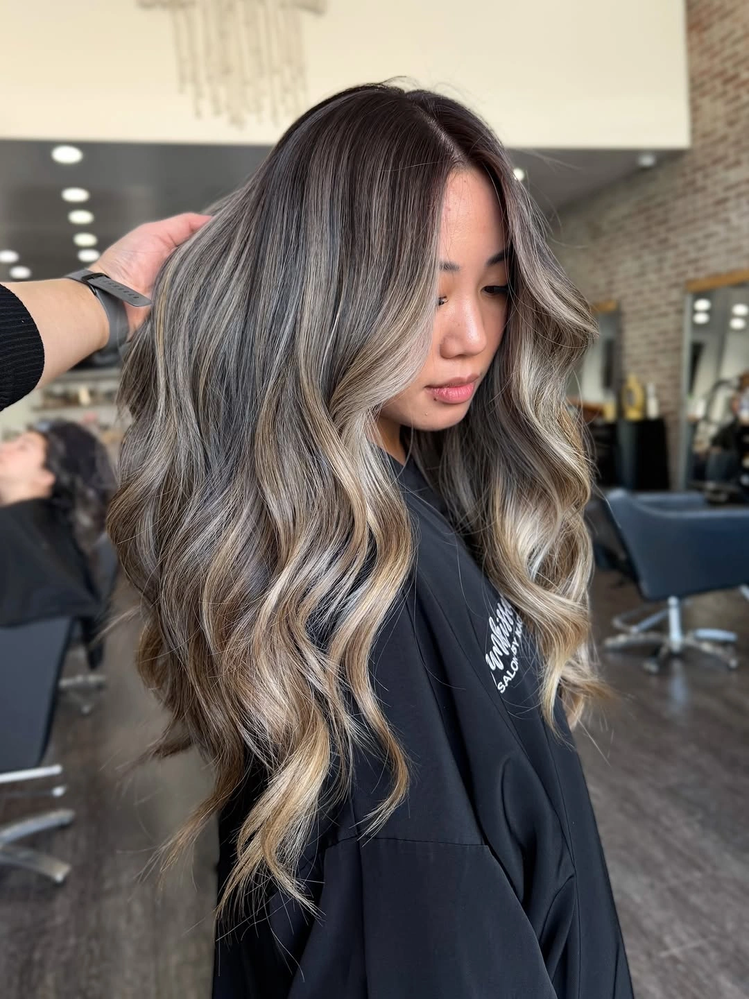 full head babylights blonde on brown hair Smoky Brunette Waves With Beige Blonde Ribbons