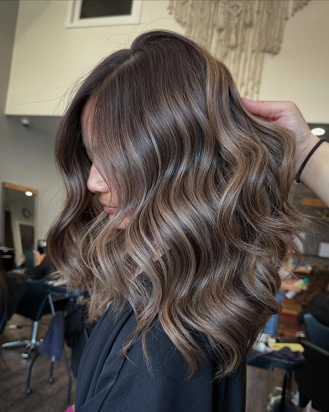 full head babylights blonde on brown hair Mocha Waves With Seamless Babylights
