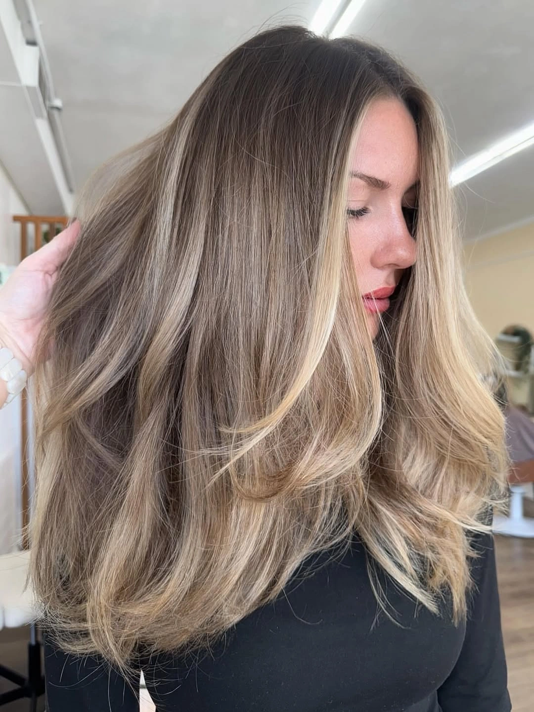 full head babylights blonde on brown hair Creamy Blonde Money Pieces With Soft Layers