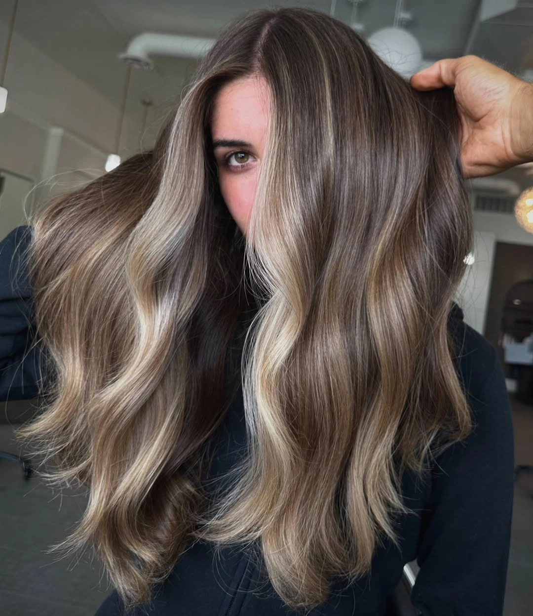 full head babylights blonde on brown hair Glossy Mushroom Brunette Blend