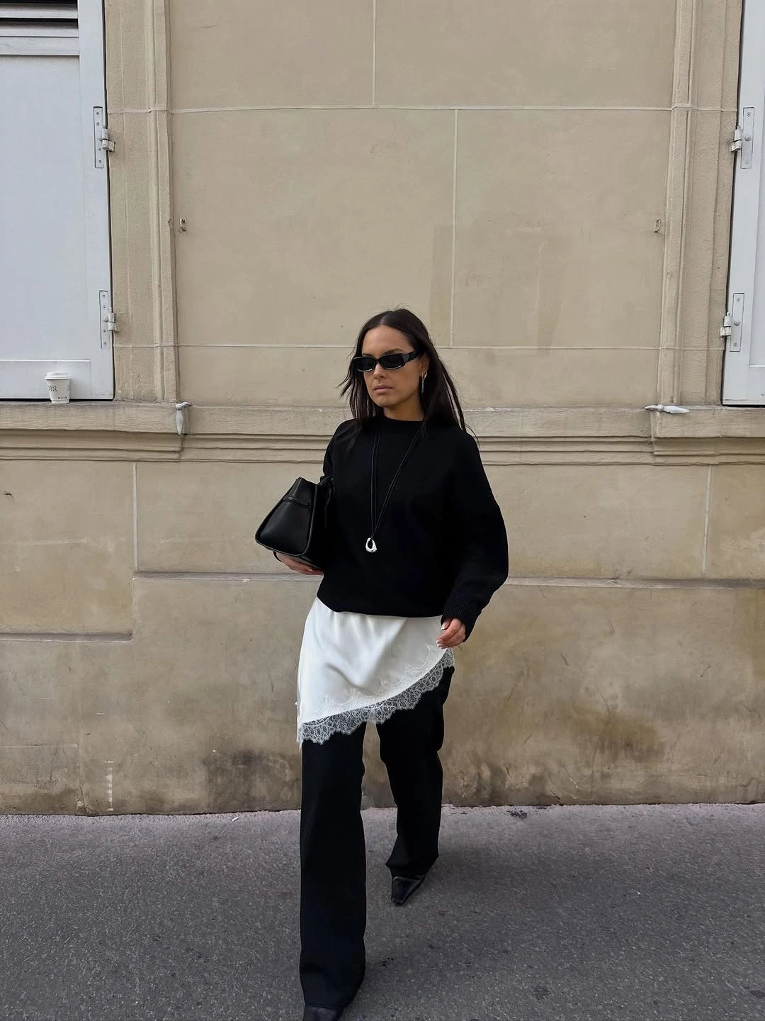 lace layering fall outfit 2026 Minimal Monochrome With Lace Contrast