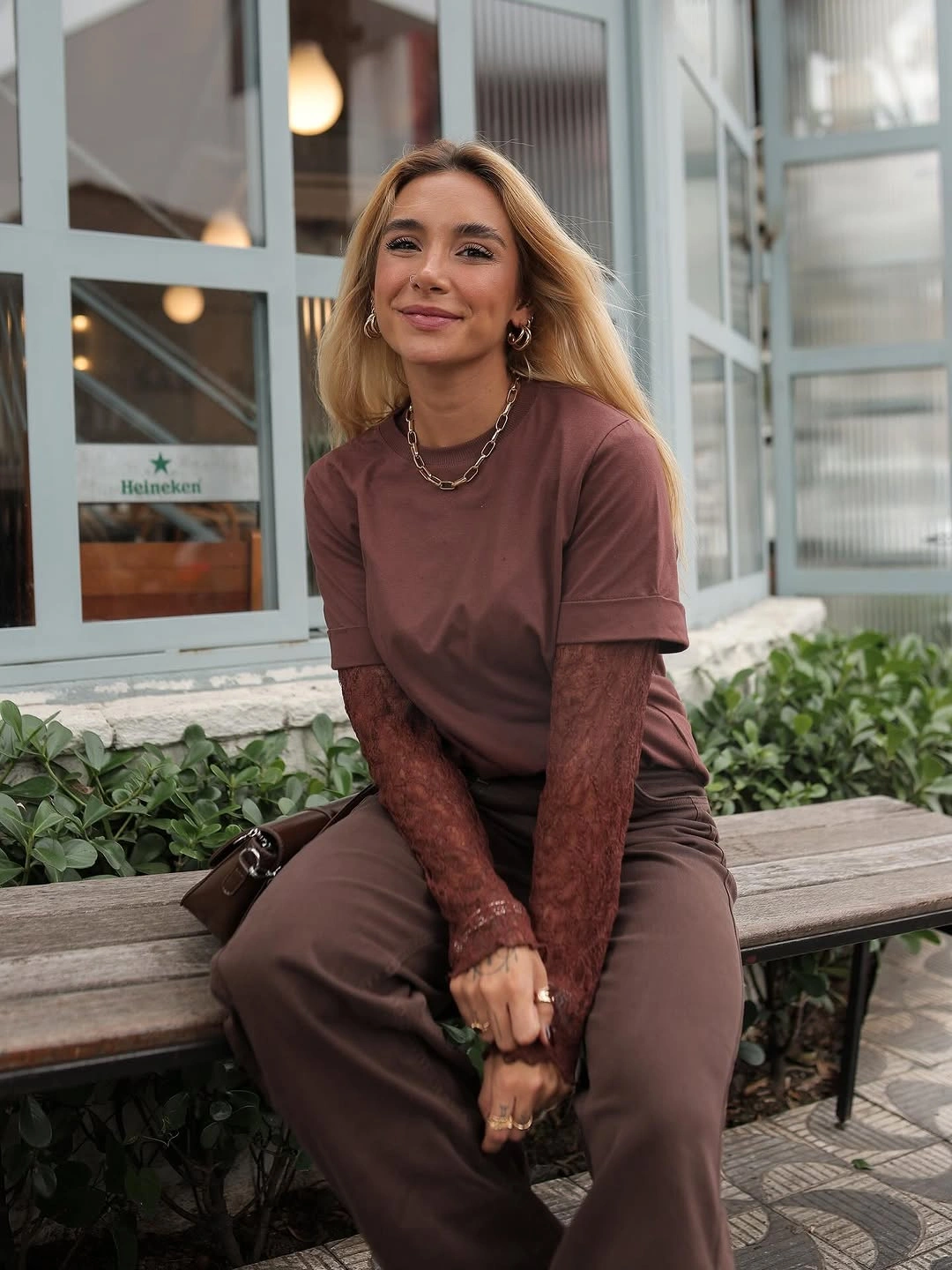 lace layering fall outfit 2026 Chocolate Tones With Lace Sleeves
