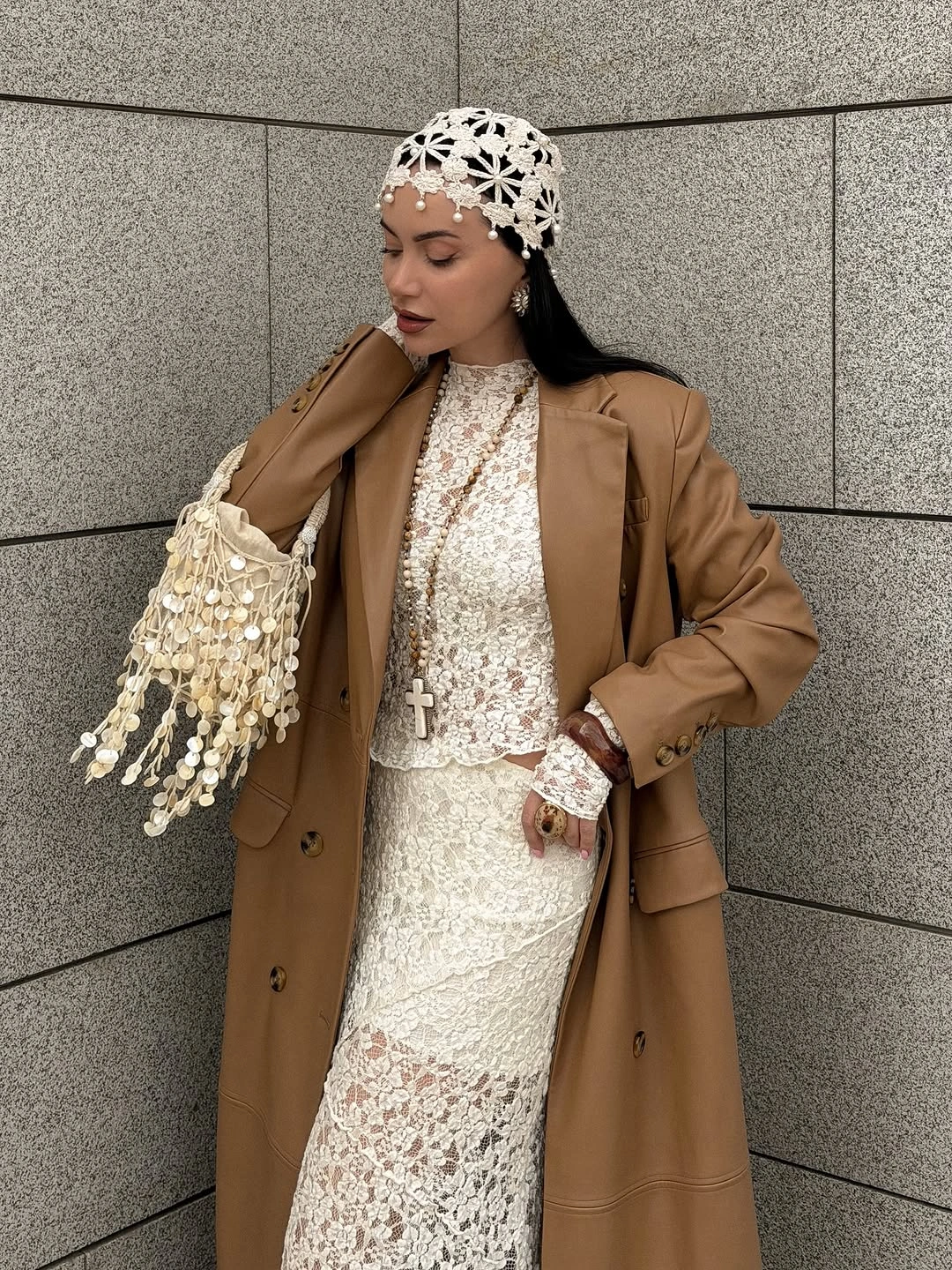 lace layering fall outfit 2026 Elegant Lace With Tailored Camel Layers