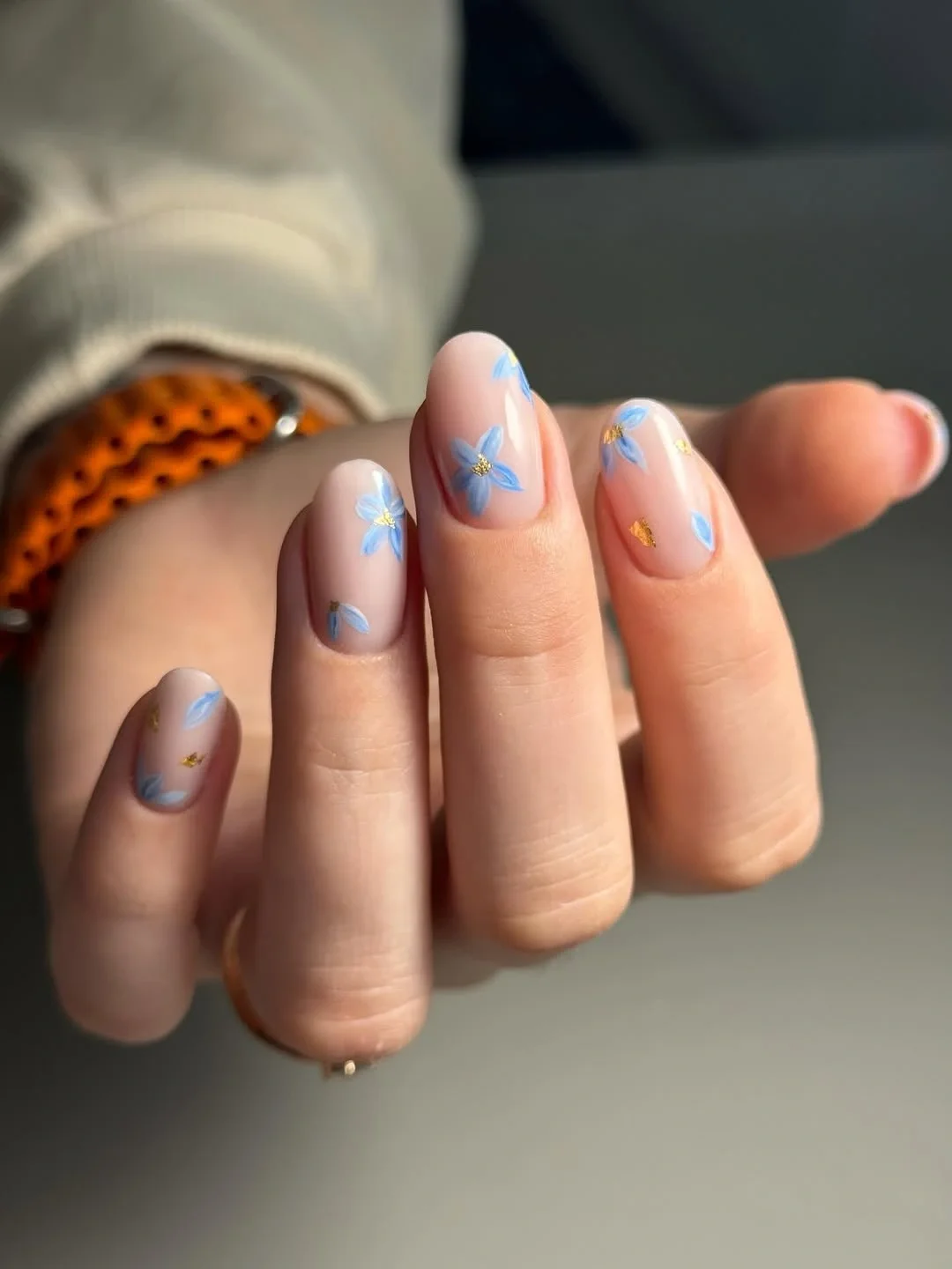 nail ideas for august 2026 Delicate Blue Floral Short Gel Nails