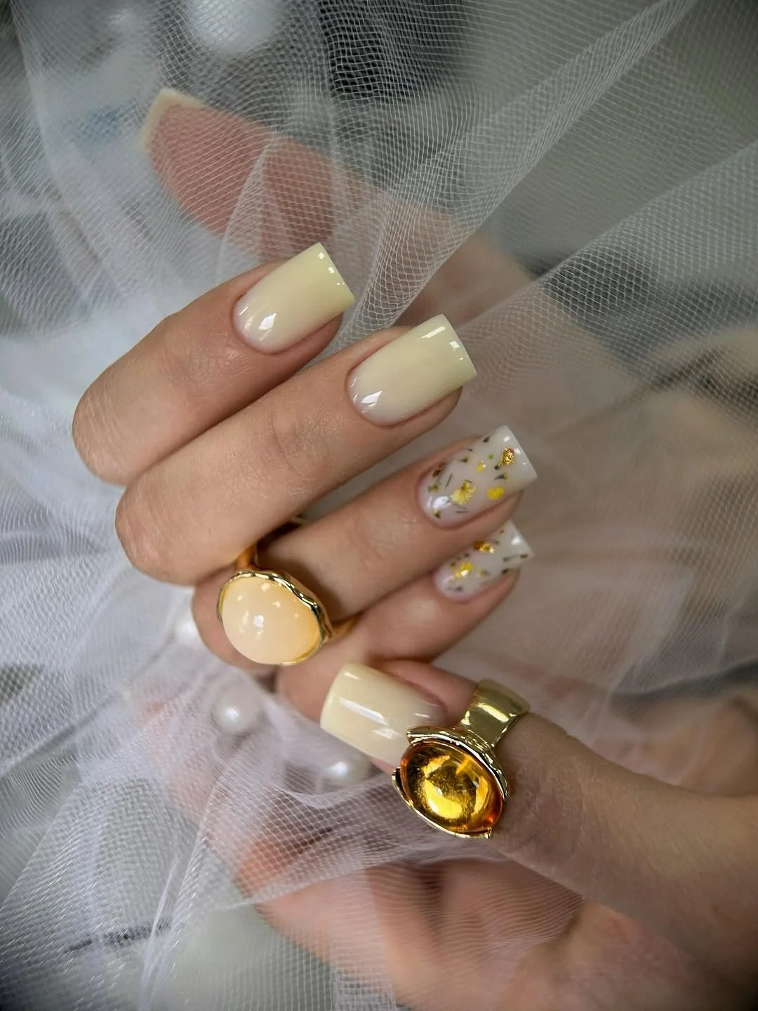 nail ideas for august 2026 Butter Cream Square Nails With Gold Flecks
