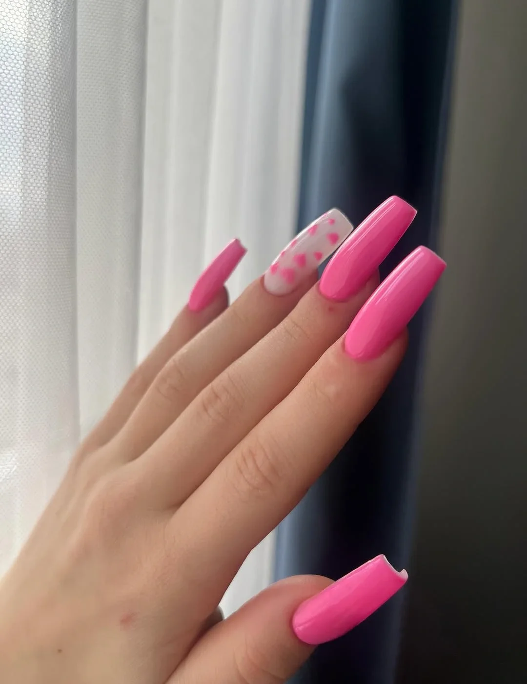 nail ideas for august 2026 Hot Pink Acrylic Nails With Heart Accents